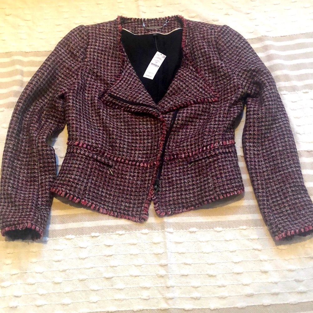Biker style metallic tweed knit jacket with fun zippers